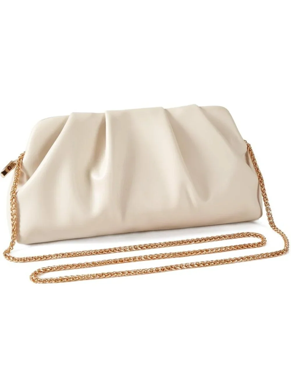 👜Women's Cream Leather Ruched Clutch Purse Detachable Metal Chain Crossbody Bag